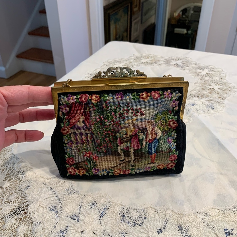 Antique Victorian petit point needlepoint brass Evening Purse